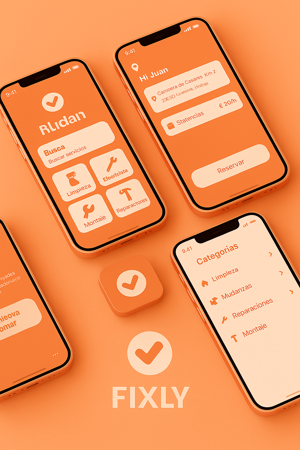 Mockup de la app Fixly con varias pantallas en color peach